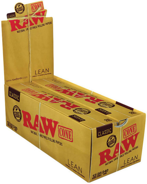 RAW Classic Rolling Papers Lean Cones 20ct, yellow cardboard pack of 20 cones designed for rolling tobacco or herbs.