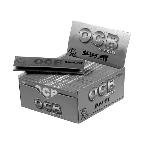 OCB Rolling Papers Premium Slim Fit X-Pert Size 24Ct. Box, display of open packaging with multiple slim rolling paper packs inside.