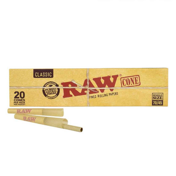 RAW Classic Rolling Papers Cones 70/45, image showing a box of 20 pre-rolled cones along with a few cones placed in front of the box, designed for easy rolling.