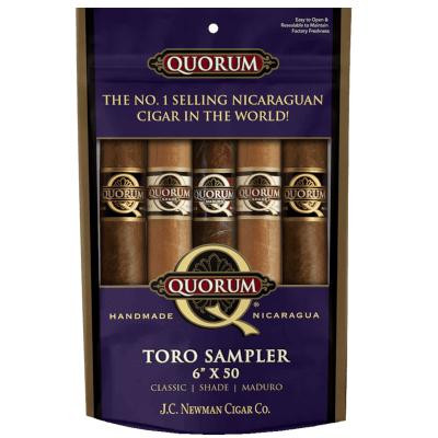 Quorum Toro Cigars Sampler 5ct, box of five cigars with dark brown wrappers and Quorum branding, featuring a purple and gold packaging design.