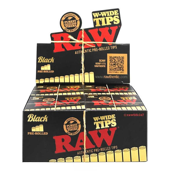 RAW Black Rolling Papers W-Wide Pre-Roll Tips 20ct/18, display of black packaging boxes of RAW pre-rolled tips with bold red and yellow text and QR code.