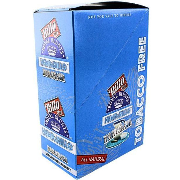 Royal Blunts Hemparillo Hemp Wraps Horchata, blue packaging box with product and brand labels, including flavors and features.