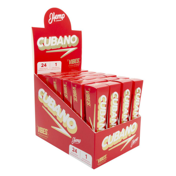 Vibes Rolling Paper VIBES Hemp Cubano Cones 24/1, red pack of hemp rolling cones with bold white and gold text.