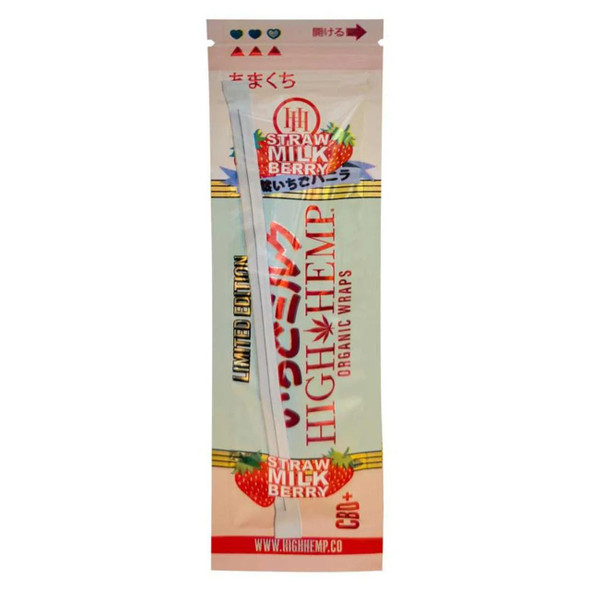 High Hemp Organic Wraps Straw Milk Berry 25Ct/2, packaged hemp wraps with strawberry, milk, and berry flavor design.