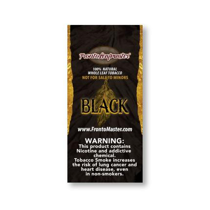 Fronto Leaf Master Cigar Leaf Black 1Ct, packaging of black cigar leaf with gold and black design and warning label.