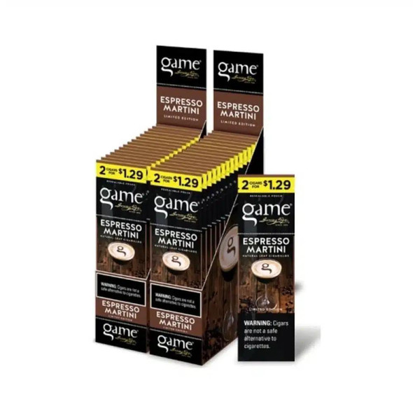 Swedish Match Game Cigarillos Foil Espresso Martini 30/2 Ct, display of foil-wrapped cigarillos in a brown and black box with yellow promotional labels.