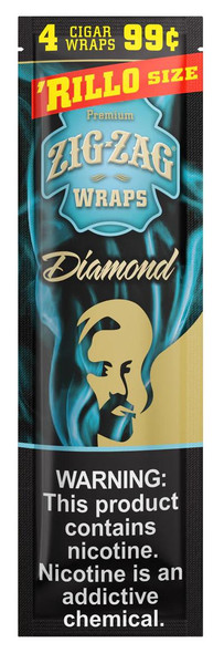 Republic Group Zig Zag Rillo Wraps Diamond 4, cigar wraps packaging with a black and blue design, featuring a stylized man smoking and a warning label about nicotine content.