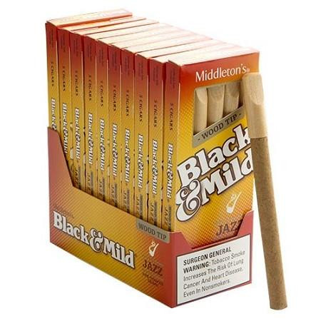 John Middleton Black & Mild Cigars Jazz Wood Tip Pack, pack of cigars with multiple boxes and a single cigar displayed.