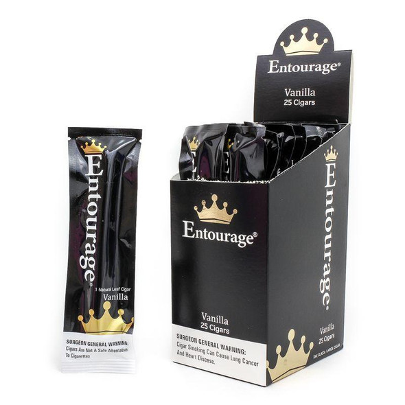 National Almond Honey Entourage Cigars Vanilla 25Ct, black packaging with gold crown logo and white text, featuring a display box and individual cigar pack.