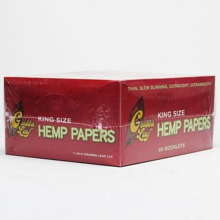 Grabba Leaf Tobacco Grabba Leaf King Size Hemp Papers 50 Packs, product packaging image showing a red box of hemp papers with yellow and green text.