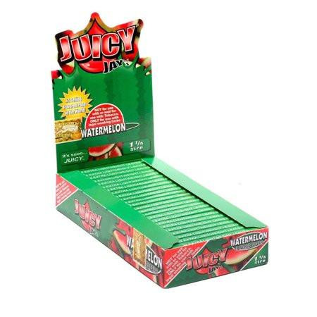 Juicy Jay Rolling Papers Watermelon 1 1/4 24Ct, stacked green rolling paper pack with watermelon flavor branding and colorful packaging.