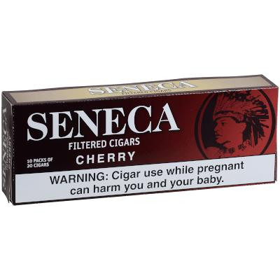 Seneca Manufacturing Seneca Filtered Cigar Cherry, a box of cherry-flavored filtered cigars with health warning label and red and black packaging.