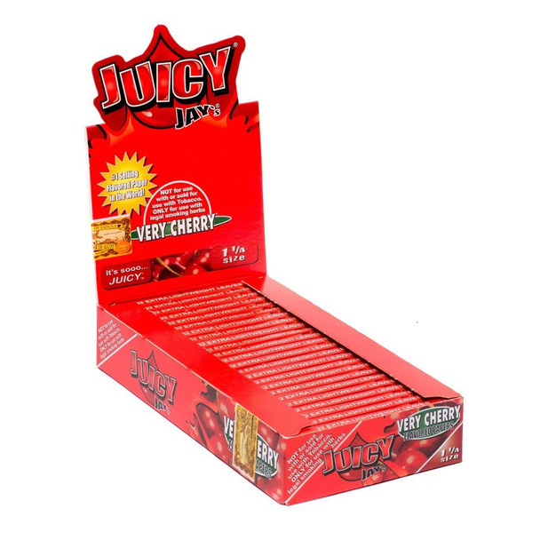 Juicy Jay Rolling Papers Very Cherry 1 1/4 24ct, display box of flavored rolling papers with cherry design and branding.