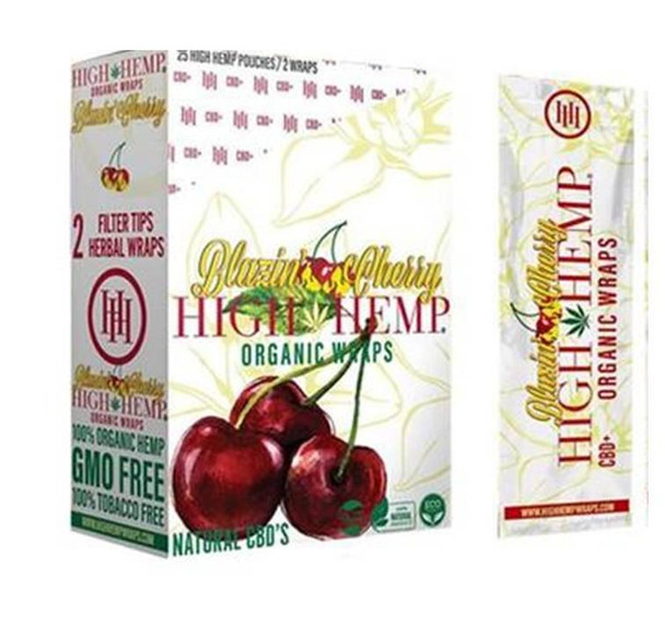 High Hemp Organic Wraps Blazing Cherry 25Ct/2, product packaging with cherries and organic ingredients labels.