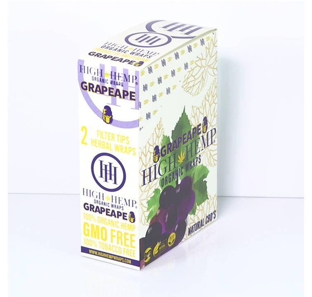 High Hemp Organic Wraps Honey Pot Swirl 25Ct/2, a box of grape-flavored hemp wraps with organic and GMO-free labels, featuring grape illustration and product details.