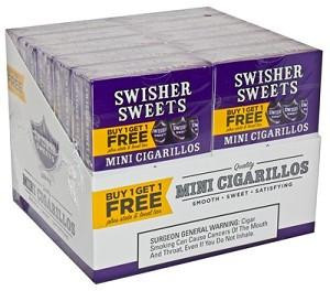 Swisher International Swisher Sweets Mini Cigarillos Grape B1G1 Pack, box of grape-flavored mini cigarillos with promotional B1G1 offer on packaging.
