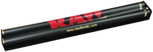 RAW Classic SuperNatural Rolling Machine, black rolling paper roller with red logo and yellow website URL