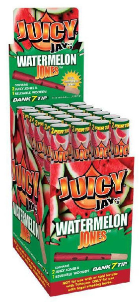 Juicy Jay Pre Roll Cones 24 Ct, Watermelon Jones flavor product display with colorful packaging and multiple pre-roll cones inside.
