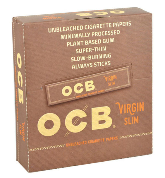 Republic Group OCB Virgin Rolling Papers, packaging of unbleached cigarette papers available in various sizes, with minimal processing, plant-based gum, super-thin and slow-burning, featuring a brown box design with Mellow yellow and orange accents.