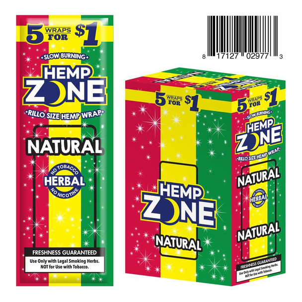 Show Cigars Hemp Zone Hemp Wraps 15/5, colorful packaging of hemp wraps with promotional text and barcode.