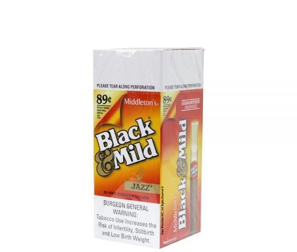 John Middleton Black & Mild Cigars Jazz Box, a pack of cigars in colorful packaging with brand and flavor information.