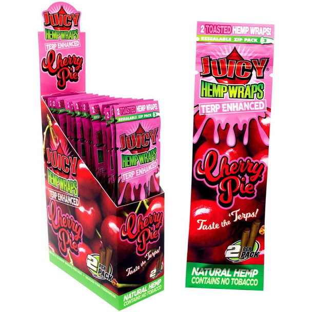 Juicy Jay Juicy Hemp Wraps Terp Enhanced 25/2, display of colorful hemp wraps packaging with cherry pie flavor and branding and a display box of multiple packs.
