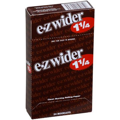 EZ Wider Cigarette Rolling Papers 1 1/4, box of roll papers for hand-rolled cigarettes with brown and red packaging.