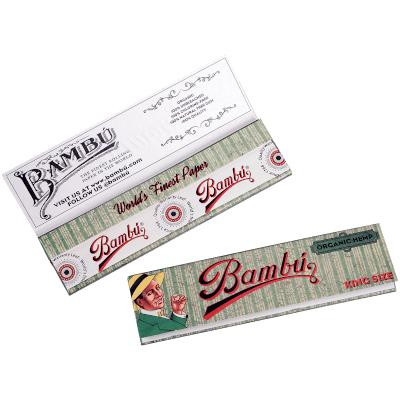 Big Bambu Organic Hemp Cigarette Papers King Size, box of 50 or 33 count, featuring eco-friendly packaging with a cartoon character and decorative design.