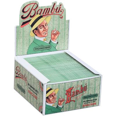 Big Bambu Papers Big Bambu Organic Hemp Cigarette Papers King Size 50/33Ct, retail display box of cigarette rolling papers with vintage style artwork featuring a man with a hat and the product branding.