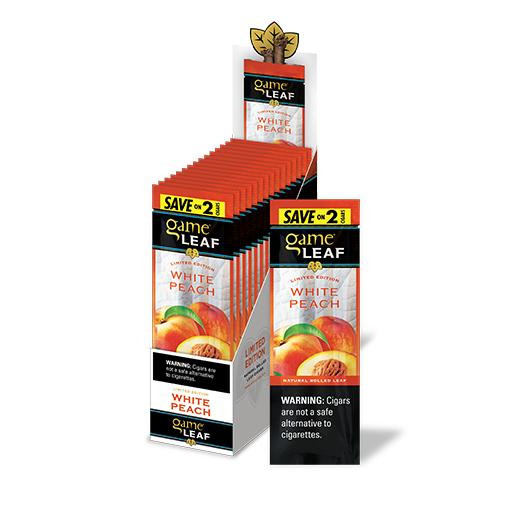 Swedish Match Game Leaf Cigars White Peach 15 Pouches of 2, display of white peach flavored cigar leaf pouches in a retail stand