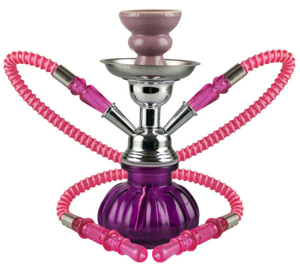 Starbuzz Tobacco 10 Inches Pumpkin 2-Hose Premium Hookah, pink and purple decorative glass and metal hookah with two pink hoses.