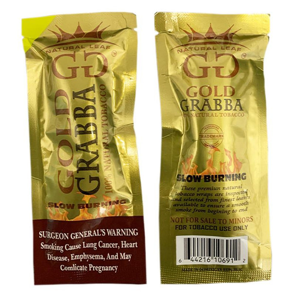 Product Grabba Leaf Tobacco GG Gold Grabba Cigar Leaf, gold foil packaging of 25 pieces.