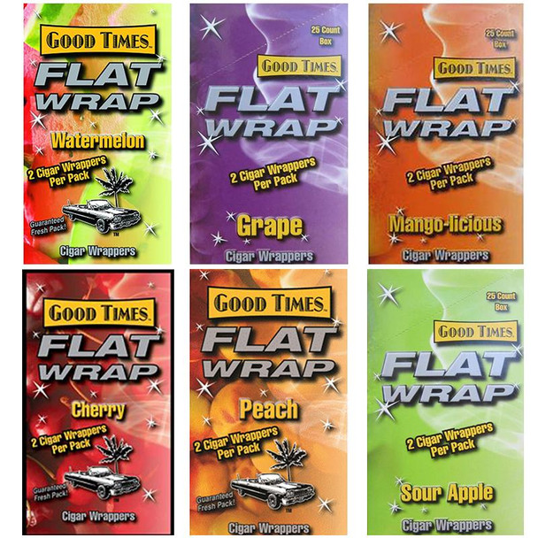 Good Times Flat Wraps all Flavors, 25/2ct, assortment of colorful packaging designs featuring watermelon, grape, mango-licious, cherry, peach, and sour apple flavor varieties.