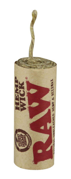 RAW Hemp Wick 20ft, natural hemp wick in a cylindrical cardboard container with red and black branding and wick extending out of the top.
