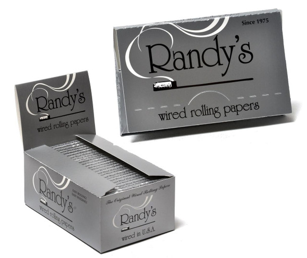 Randy's Roots Classic Wired Rolling Papers, Silver packaging with black text and white decorative accents.