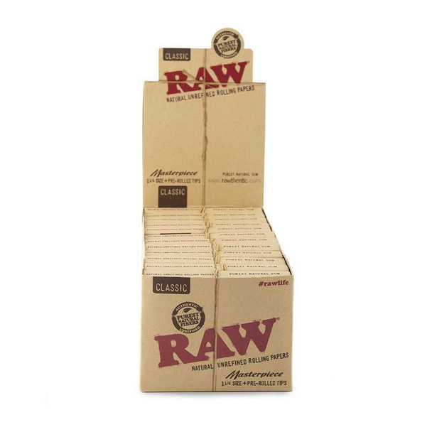 RAW Raw Classic Masterpiece 1 1/4 + Pre-Rolled Tips, display of natural unrefined rolling papers and pre-rolled tips in a cardboard box.