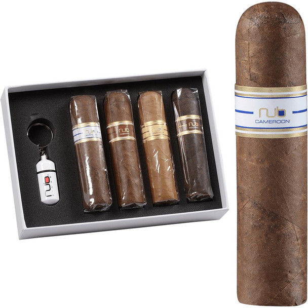 Nub Variety Cigar Sampler With Cutter, cigars in a case with a cutter, featuring four different Nub cigars with bands, and a white cutter with Nub branding.
