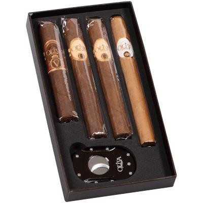 Oliva Cigars Oliva Sampler With Cutter 4 ct. Box, containing four cigars and a cigar cutter in a black presentation box.