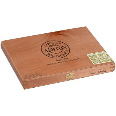 Ashton Cigars Ashton Cigar Sampler 10 Ct. Box, wooden cigar box with Ashton logo and sampler label on the top.