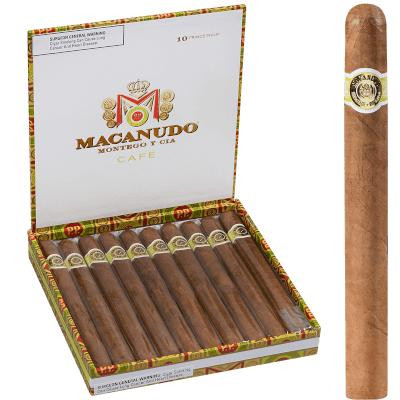 Macanudo Cafe Prince Philip Cigars Churchill 10 Ct. Box 7.50X49, box of premium cigars with open lid revealing 10 cigars inside.