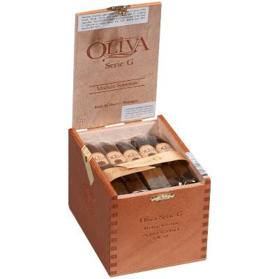 Oliva Cigars Oliva Serie G Cigars Maduro Belicoso 24 Ct. Box 5.00X52, wooden cigar box with cigars inside and branded packaging.
