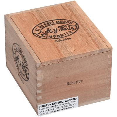 El Rey Del Mundo Oscuro Cigars Robusto 25 Ct. Box, front view of a wooden cigar box with the brand logo and product information printed on the lid.