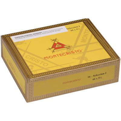 Montecristo Classic Seleccion I Tube Cigar Corona 16 Ct. Box, yellow and gold rectangular cigar box with Montecristo logo and product details on the lid.