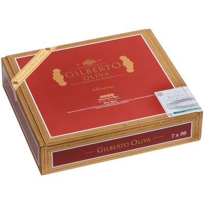 Gilberto Oliva Reserva Cigar Churchill 20 Ct. Box 7.00X50, a wooden box containing 20 cigars with a red label featuring gold accents and branding.