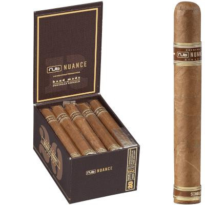 Nub Nuance Single Roast Cigar Corona 542 20 Ct. Box 5.00X42, image of a box containing 20 cigars with one cigar displayed outside the box.