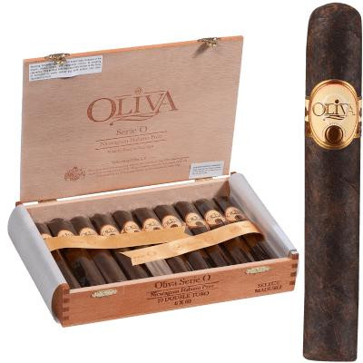 Oliva Serie O Cigars Maduro Double Toro 10 Ct. Box 6.00X60, an open wooden cigar box containing ten Maduro Double Toro cigars with a dark, oily wrapper, and a close-up of a single cigar displaying the Oliva band.