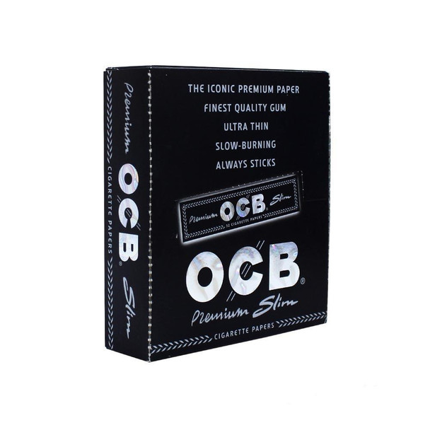 OCB Premium Slim Rolling Paper 24ct, black package with white and silver text describing features like thin, slow-burning, and always sticks.