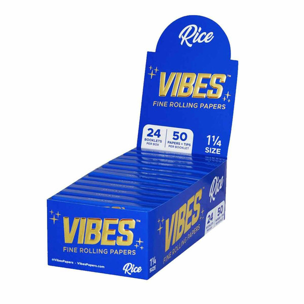 Vibes Rice Rolling Papers, blue display box filled with 24 packs of 1 1/4 size rolling papers with filters, designed for convenient use and easy display.