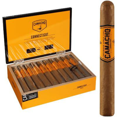 Camacho Connecticut Cigar Gordo 20 Ct. Box, a open bright orange box containing 20 cigars with orange and black bands, and a single cigar standing upright beside it.