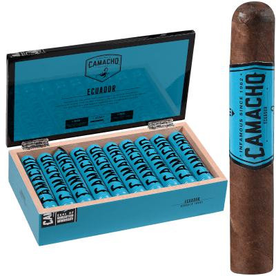 Camacho Ecuador Cigar Robusto Tubo 20 Ct. Box, a box of premium cigars with a blue and black packaging design featuring the Camacho logo, displayed with one cigar outside showing its wrapped brown tobacco leaf.